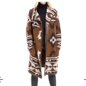 Max Studio Brown White and Dark Brown Aztec Wool-Blend Open Cardigan